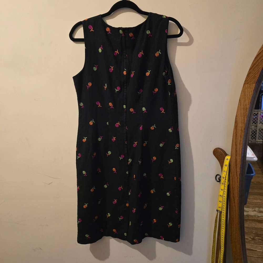 Dress Barn Vintage 90s Black Linen Blend Embroidered Floral Shift Dress Size 10